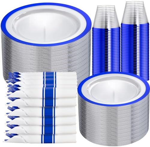 I00000 350 Pcs Dark Blue Plastic Plates Set for 50 Guests,Blue Dinnerware Include 50 Dinner Plate 50 Dessert Plate,50 Cups,50 Pre Rolled Napkins with Cutlery Set for Party Wedding by I00000