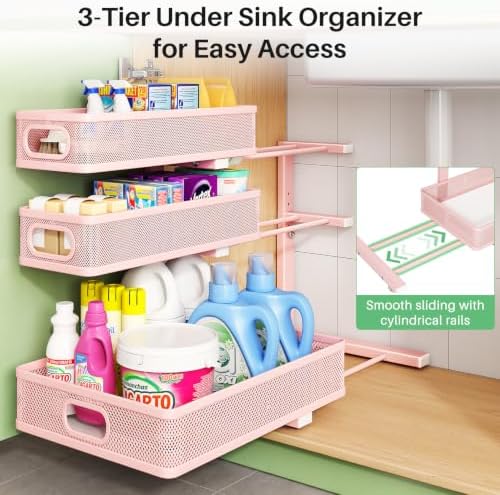 Kitstorack Under Sink Organizer, 2-Pack 3-Tier Height Adjustable Thickened Metal Pull out Cabinet Organizer Shelf, Slide out Storage Drawer Rack for Bathroom Kitchen Pantry Home Organization, Pink - Image 5