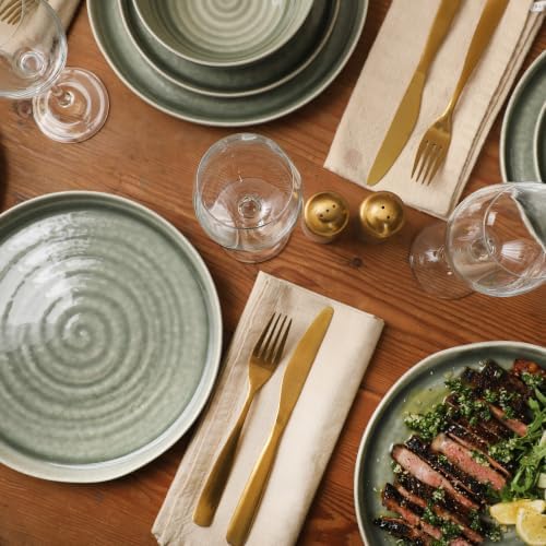 Gibson Elite Eclipse Swirls Plates and Bowls Sets, 12-Piece Stoneware Dinnerware Sets, Reactive Glaze Dish Set - Green - Image 6