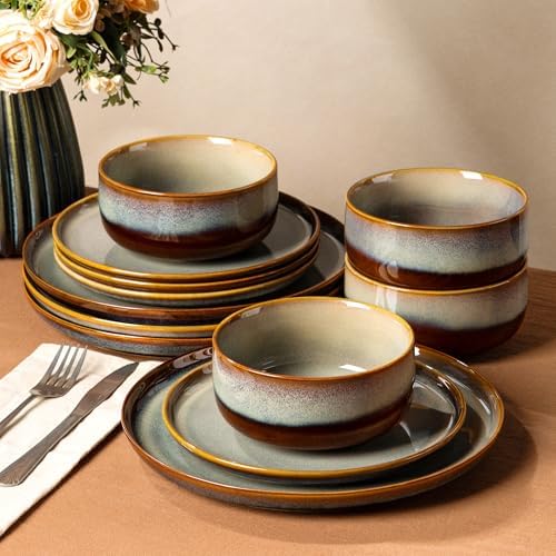 TheTerra Ceramic Dinnerware Set for 4, 12-Piece Plates and Bowls Set by TheTerra