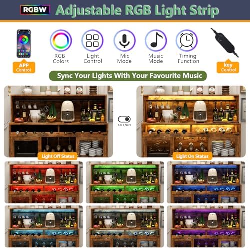 Loomie Wine Bar Cabinet with LED Light, Liquor Cabinet with Glass Holder, Coffee Bar for Liquor, Storage Buffet with Wine Racks, Wine Cabinet with Mesh Door (Rustic) - Image 6