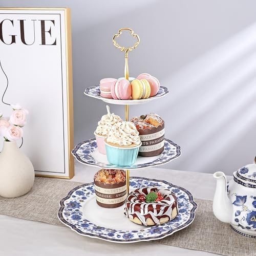 fanquare 3-Tier Elegant British Blue Floral Porcelain Cupcake Stand - Image 4