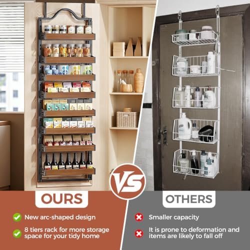 8-Tier Pantry Door Organizer, Over the Door Pantry Organizer with Wooden Adjustable Baskets, 2 IN 1 Spice Rack Wall Mount or Door Organizer, Door Spice Rack for Pantry（72.6×17.1×5.1in,Black) - Image 5