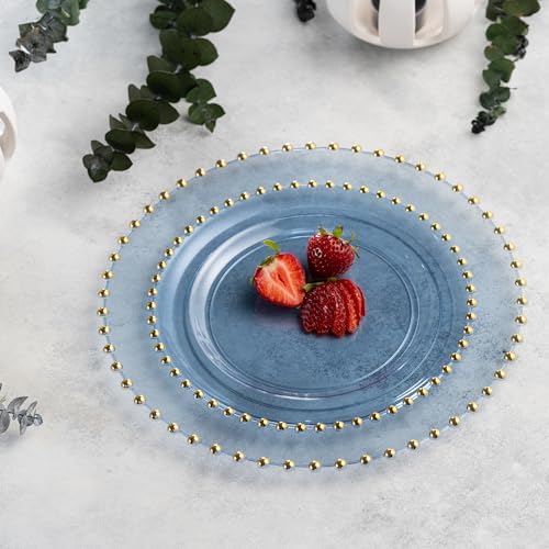 PLASTICPRO 128 Piece Combo Plastic Dinner Plates Disposable Plastic Fancy Heavy Duty Party Dishes 7 inch and 10 inch, Translucent Blue and Gold Beaded - Image 3