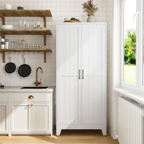 COFaR 71" White Pantry Cabinet with Vertical-Groove Doors and Shelves - Image 4