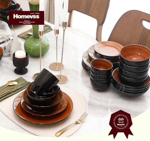 HomeVss, Stoneware Sonoma Dinnerware Set, Black + Speckled Spin Wash (56pc Set, Spice) - Image 6