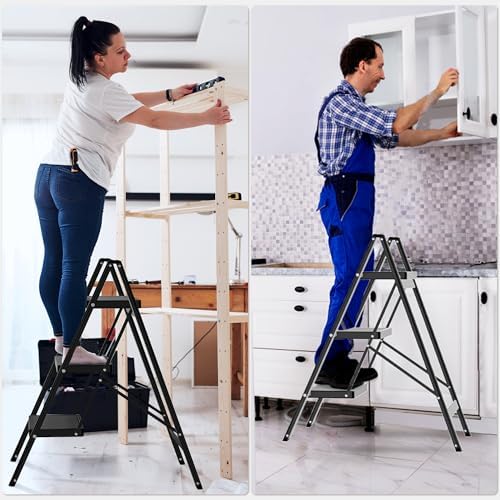 DIAMONDFORGE 3 Step Ladder, Folding Step Stool with Anti-Slip Wide Pedal, Soft Handle, Anti-Slip Feet, Sturdiest Steel Construction, 500lbs Capacity Steel Ladder for Home and Office, Black - Image 6