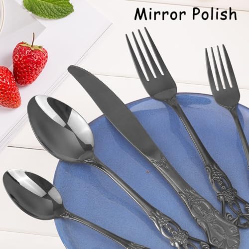 Retro Royal Black Silverware Set With Gift Box, 60-Pieces Cutlery Set Utensils Stainless Steel Flatware For 12 MIKIWAY Kitchen Tableware Set For Gifts Festive, Dishwasher Safe, Mirror Polishing - Image 5