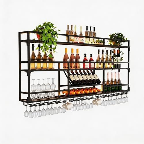 79Inch Metal Wall-Mounted Wine Rack with LED Light - 3 Tier Wine Storage Display Rack with Glass Holder - Space-Saving Bottle Display Shelf for Home Bars, Dining Rooms, Black by HFTUW
