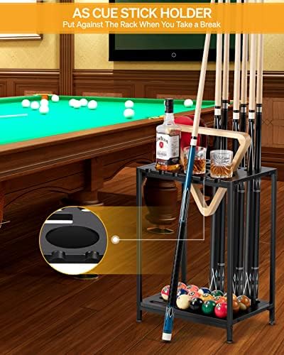 EXTCCT Pool Cue Rack Floor Stand, Metal & Wood, 12 Cues & Ping Pong, Black - Image 5