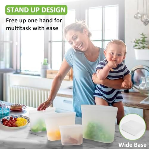 100% Silicone Reusable Storage Bag, 16 Pack Stand-Up Wide-Mouth Zip-Lock Food Storage Bags, Easy-Fill Easy-Open Easy-Clean Space-Saving, Microwave & Dishwasher Safe, 2 XL/4 L/4 M/4 S/2 XS, Translucent - Image 5
