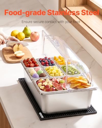 VEVOR Countertop Food Serving Display Container, Stainless Steel Food Salad Server Tray, Buffet Condiment Dispenser, Ice Cooled Rack with Clear Roll Top Cover, for Restaurant Hotel (1x1/3+6x1/9 Pan) - Image 2