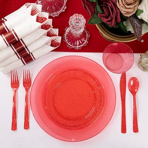 DaYammi 210PCS Red Glitter Plastic Dinnerware Set for 30 Guests - Image 5