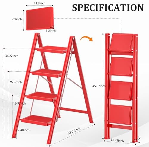 DIAMONDFORGE 4 Step Ladder, Folding Step Stool with Anti-Slip Wide Pedal, Soft Handle, Anti-Slip Feet, Sturdiest Steel Construction, 800lbs Capacity Steel Ladder for Home and Office, Red - Image 7