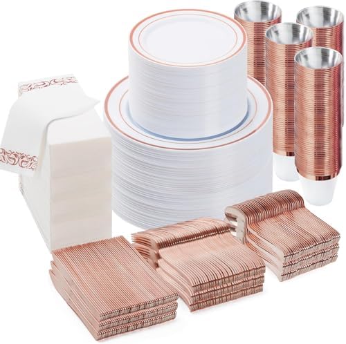 BESTVIP 700 PCS Rose Gold Disposable Plastic Dinnerware Set for 100 Guests by Bestvip