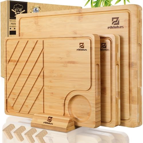 Piklohas Bamboo Cutting Boards Set of 4 for Kitchen with Wood Storage Stand by Piklohas