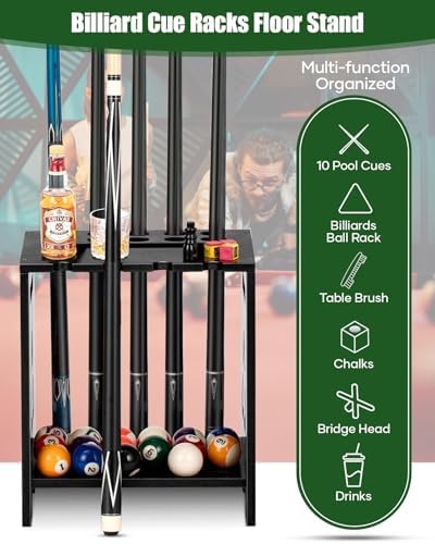 EXTCCT Pool Stick Holder Floor Stand, Solid Wood for 10 Cues, Black - Image 2