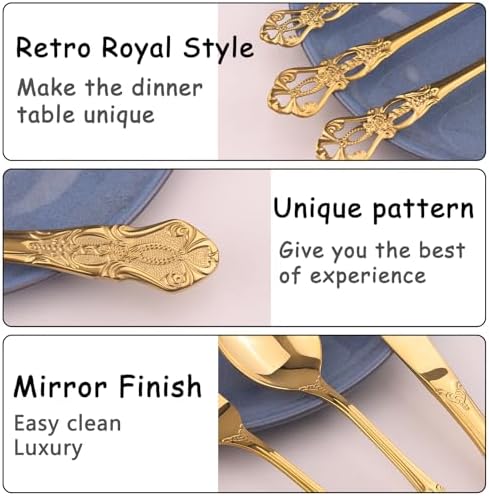 Retro Royal Gold Silverware Set With Gift Box, 20-Pieces Cutlery Set Utensils Stainless Steel Flatware For 4 MIKIWAY Kitchen Tableware Set For Gifts Festive, Dishwasher Safe, Mirror Polishing - Image 4