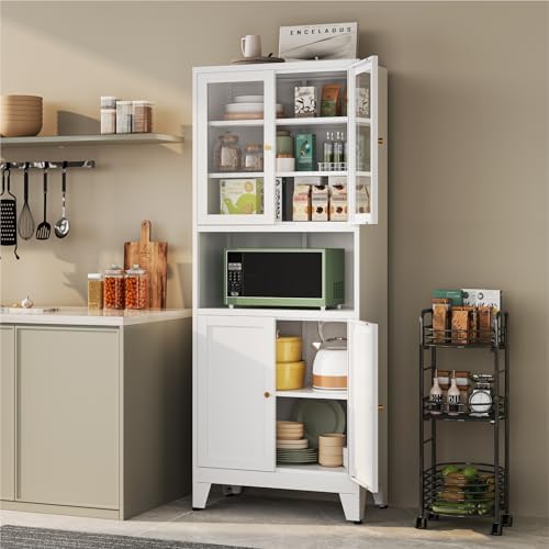 YAUWOH 69" Tall Metal Pantry Cabinet with Microwave Shelf, 2 Glass Doors & 3 Adjustable Shelves, 120LBS Per Shelf Heavy Duty Storage Cabinet with Anti-Tip Design for Kitchen,Dining Room (1PC,White) - Image 6