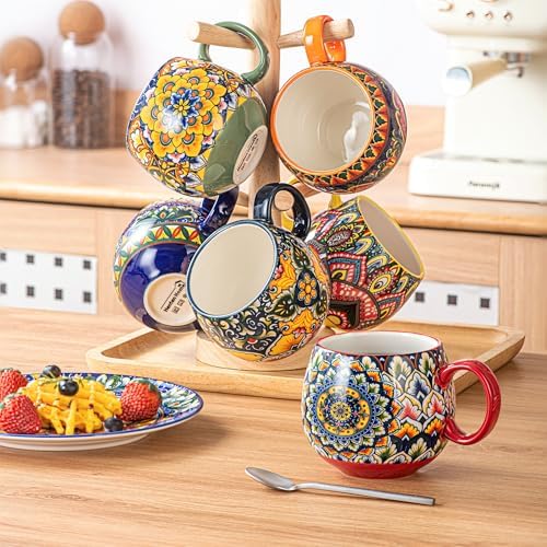 Henten Home Ceramic Coffee Mug Set of 6, 20 oz Colorful Coffee Cup with Handle, Boho Porcelain Mug for Cappuccino, Latte, Tea, Hot Chocolate, Cocoa, Microwave & Dishwasher Safe - Image 7