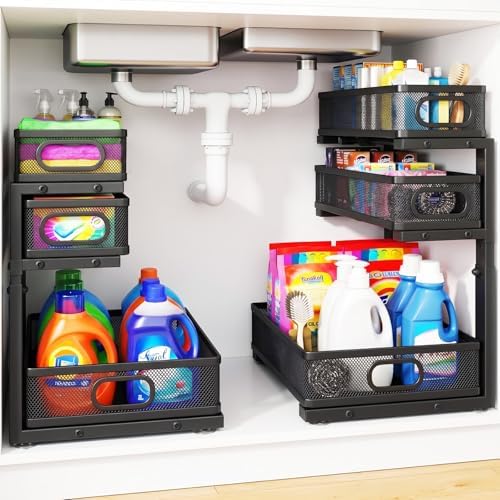 Under Sink Organizer, 3 Tier Pull Out Cabinet Organizer with 5 Adjustable Heights, Metal Under Sink Storage with Sliding Drawers for Kitchen, Bathroom, Pantry and Laundry Room, 2-Pack Black by GUUKAR
