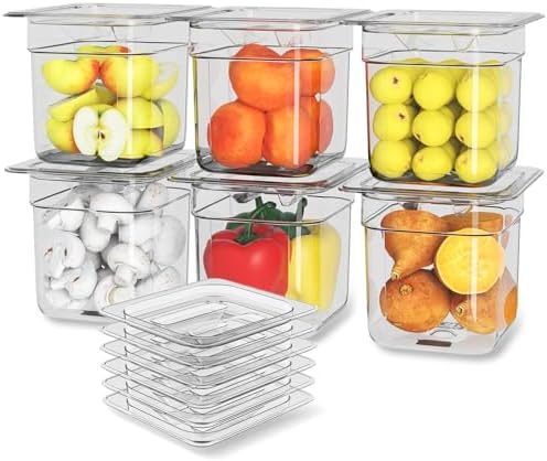 NSF Polycarbonate Food Pans with Lids 6-Pack 1/6 Size 6" Deep Clear by HNEDSEN