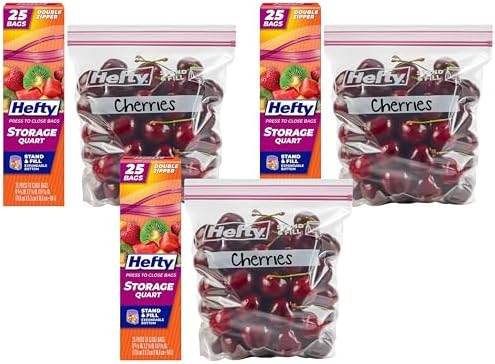 Hefty Press to Close Plastic Bags for Food Storage, Quart Size, 25 Count (Pack of 3) by Hefty