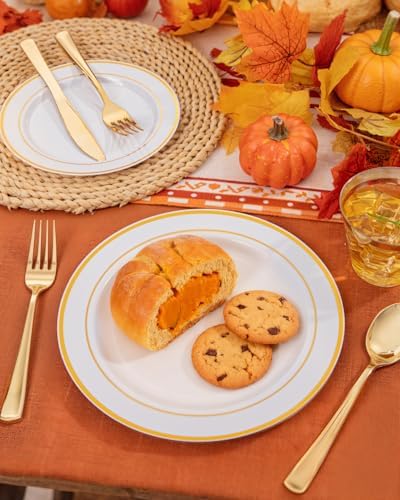 bUCLA 150PCS Gold Plastic Plates Disposable - Heavy Duty Gold Plates Include 25 Dinner & 25 Dessert Plates,25 Forks,25 Knives,25 Spoons&25 Cups for Party, Thanksgiving, Fall Harvest & Autumn - Image 6