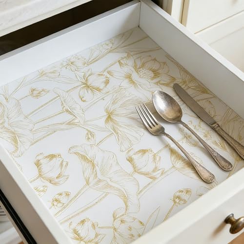 Shelf Liners Thickened Non-Slip Non Adhesive Light Base Gold Lotus Pattern - Image 3