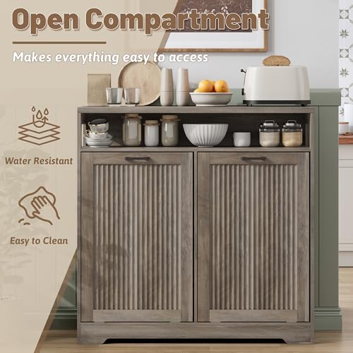 Pet-Proof Double 13 Gallon Tilt Out Trash Can Cabinet with Open Storage – Hide Garbage & Recycling Bins to Keep Your Kitchen Clean and Organized,Wood Grey - Image 5