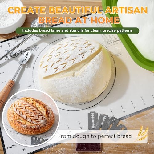 Sourdough Starter Kit for Beginners, 34 oz Starter Jar with Scale Marking, 2 Silicone Proofing Baskets, Complete Bread Baking Kit with Guide & Recipes, Easy to Use & Clean - Green - Image 2