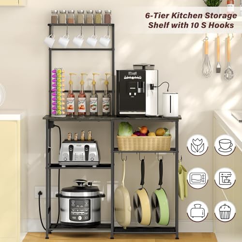 3IngSeagulls Bakers Rack with Power Outlet, Kitchen Microwave Stand with 10 S-shaped Hooks, 6-Tier Coffee Bar Station, Kitchen Storage Shelf Rack for Spices, Pots, Gray - Image 4