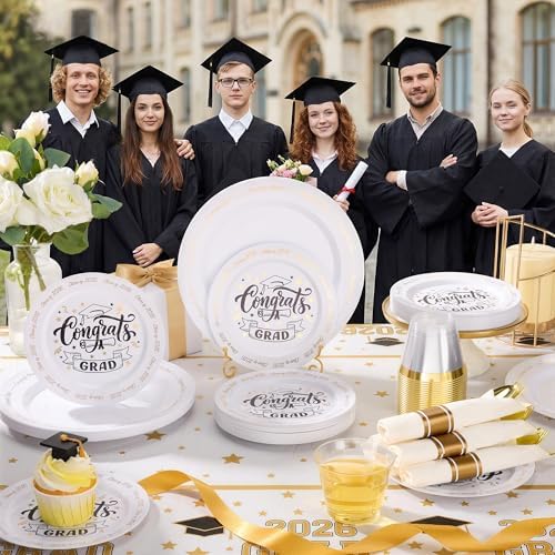 Goodluck 350 Piece Graduation Gold Plastic Dinnerware Set for 50 Guests - Image 2