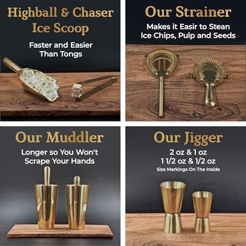 Highball & Chaser Bartender Kit with Black Bamboo Stand Beautiful Cocktail Shaker Set and Bar Tools Stainless Steel Boston Shaker Bartender Kit with Stand (Antique Gold) - Image 5