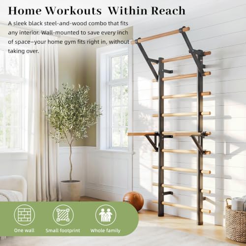 DHT Wood Stall Bar, Swedish Ladder Suspension Trainer with 9 Strategic Rods, for Home, Gym, School and Clinics, Black - Image 2