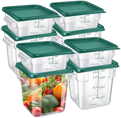 Suclain 8 Pcs Food Storage Container with Lids Set 2qt and 4qt Square Clear Commercial Containers with Scales Handles for Home Restaurant Kitchen Food Storage, Marinating Meat, Proof Dough (Green) by Suclain