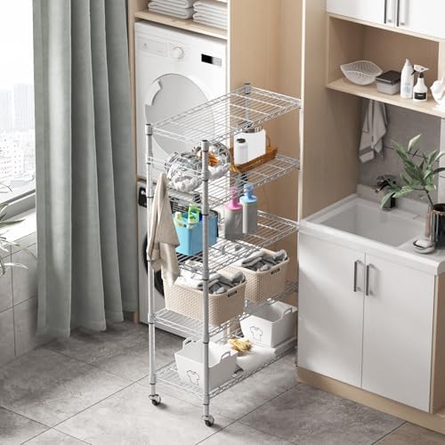 Homdox 5 Tier Adjustable Rolling Storage Shelves, Heavy Duty Wire Racks and Shelving, Metal Shelves for with Side Hooks Pantry Closet Kitchen Garage Organization, Silver Gray - Image 6