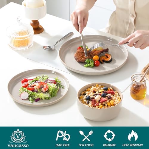 vancasso PLAYA Ceramic Plates and Bowls Sets,24 Pieces Grey Dinnerware Sets for Kitchen,Reactive Glaze Dishes Set for 8, Dishwasher and Microwave Safe - Image 3