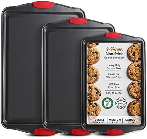 Eatex Nonstick Baking Sheet Set, 3-Piece Baking Pans Set with Silicone Handles, Carbon Steel Cookie Sheets for Baking, Commercial Grade Quality Oven Tray, Quarter/Jelly Roll/Half Sheet Pans for Baking by Eatex