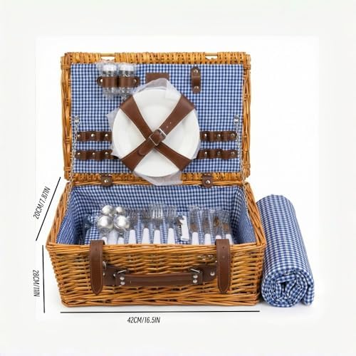 Multifunctional Wicker Picnic Basket Set for 4 Adults with Blue Blankets - Image 6