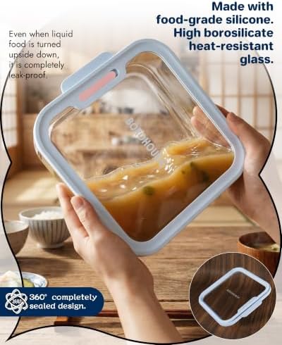 4-Pack Glass Food Storage Containers with Tempered Lids – Borosilicate, Airtight, Oven-Safe (-4°F~950°F), BPA-Free, 1Cup*2 & 2.3Cup*1 & 5.7Cup*1(Light blue) - Image 2