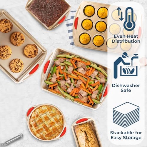 Perlli Baking Kit: Nonstick Gold Steel Oven Set - 6 Pieces, Round Cake Pan, Loaf Pan, Square Pan, Muffin Pan, Cookie Sheet, Roaster - Silicone Handles - Image 3