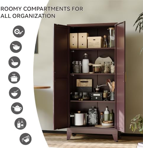 COFaR 61" Metal Storage Cabinet with Doors and Adjustable Shelves, Tall Pantry Cabinet Freestanding Kitchen Pantry Storage Cabinet, Steel Cupboard for Bathroom, Living Room & Office, Reddish Brown - Image 6