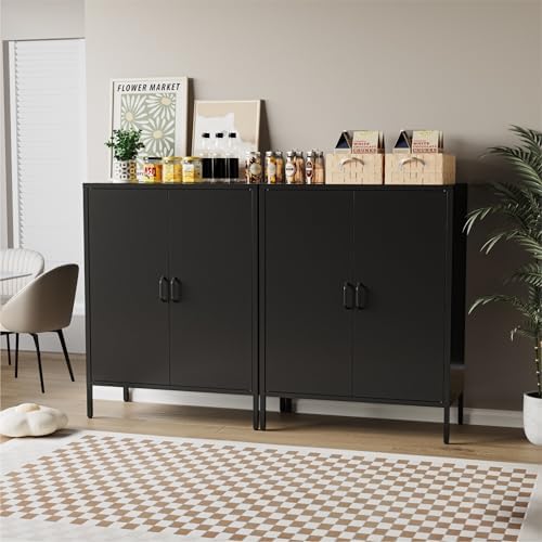 COFaR Black Metal Storage Cabinet, 40” Industrial Kitchen Organizer & Buffet Sideboard, 3-Tier Steel Cabinet with Adjustable Shelves, Magnetic Doors for Coffee Bar, Office, Dining Room - Image 3