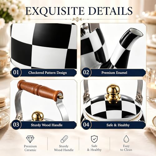 9 Pcs Checkered Teapot Set with Wooden Handle, Black and White Vintage - Image 4