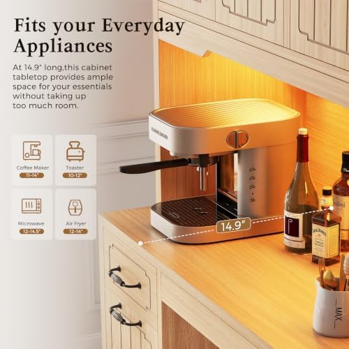 Fluted Kitchen Pantry Cabinet with Charging Station & LED Light, 47" Wide Kitchen Pantry Storage Cabinet with Countertop, Microwave & Appliance Storage, Food Pantry Cabinet for Dining Room ,Natural - Image 5