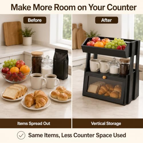 3-Tier Bamboo Bread Box for Kitchen Countertop with Fruit Basket - Image 5