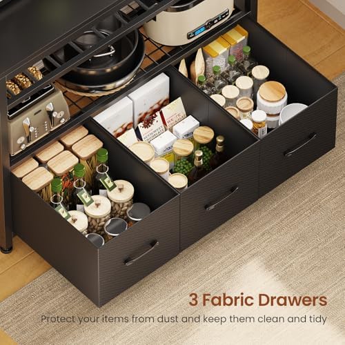 Itaar Bakers Rack with Storage and Power Outlet, 35.4 inch Coffee Bar Cabinet, Microwave Stand Kitchen Cabinet with Hutch, LED Lights, Wine Rack and Hooks (Black) - Image 4