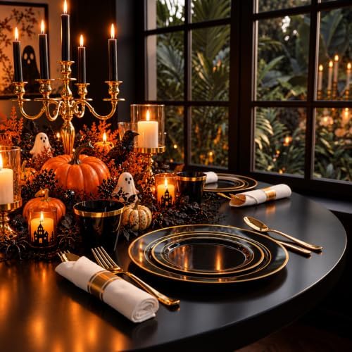 WELLIFE 350PCS Black and Gold Plastic Plates - Plastic Dinnerware Set for 50 Guests,Include 50 Dinner Plates, 50 Dessert Plates, 50 Black Cups 9 OZ, 50 Pre Rolled Napkins with Gold Silverware - Image 5