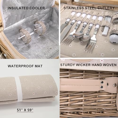 Multifunctional Wicker Picnic Basket Set for 2 with Blanket and Picnic Table, Insulated Picnic Set with Full Tablewares for Camping Outdoor Couples, Flowers - Image 4
